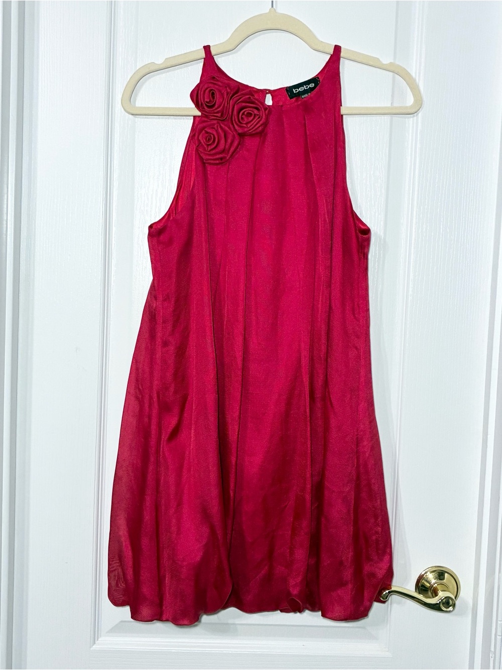 Y2K Bebe SILK Rosette Neck Sleeveless Mini Bubble Dress Vintage Fuchsia Small